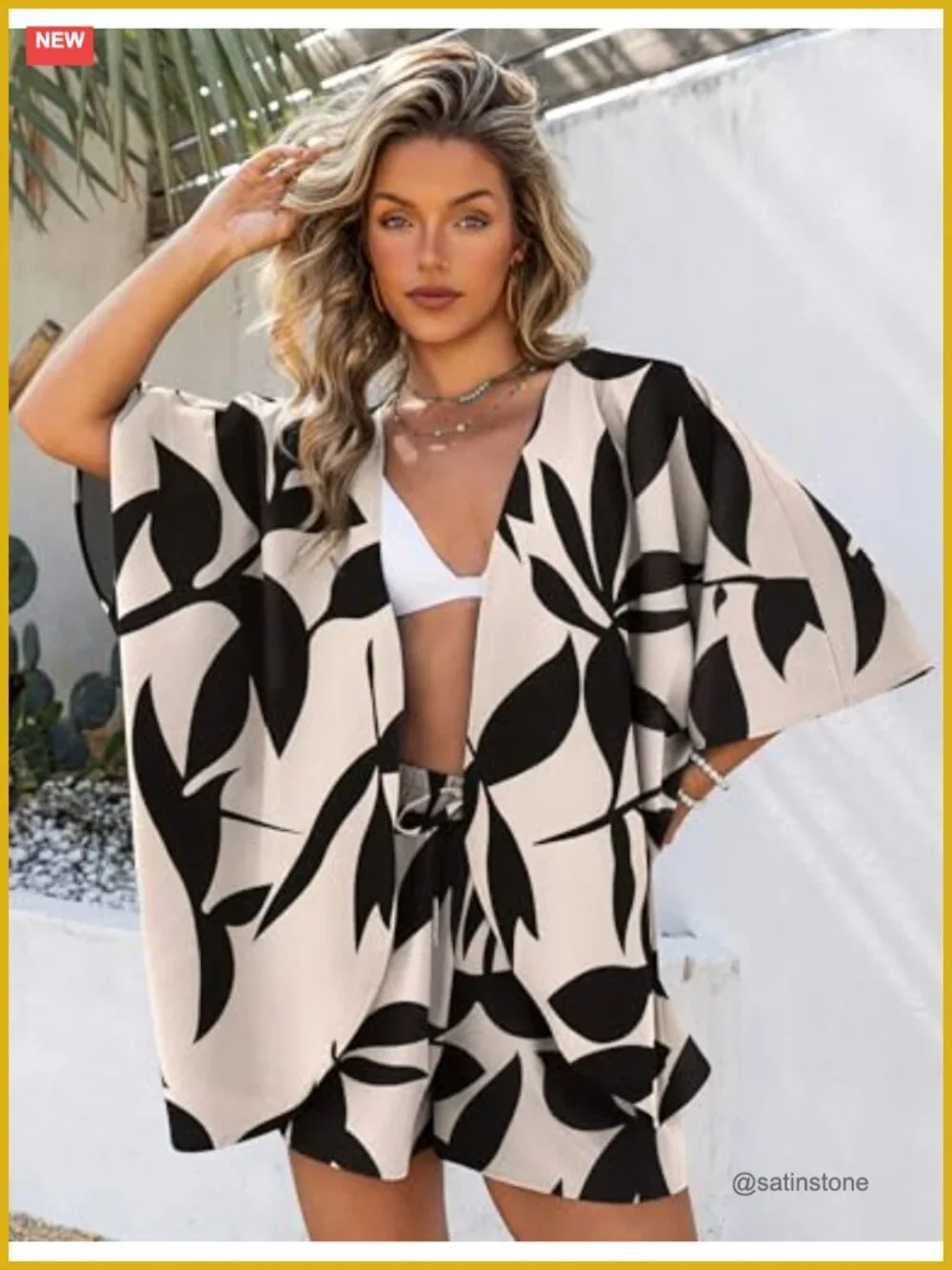 Women's 2 Piece Kimono Cover Up Shorts Set Tropical Print